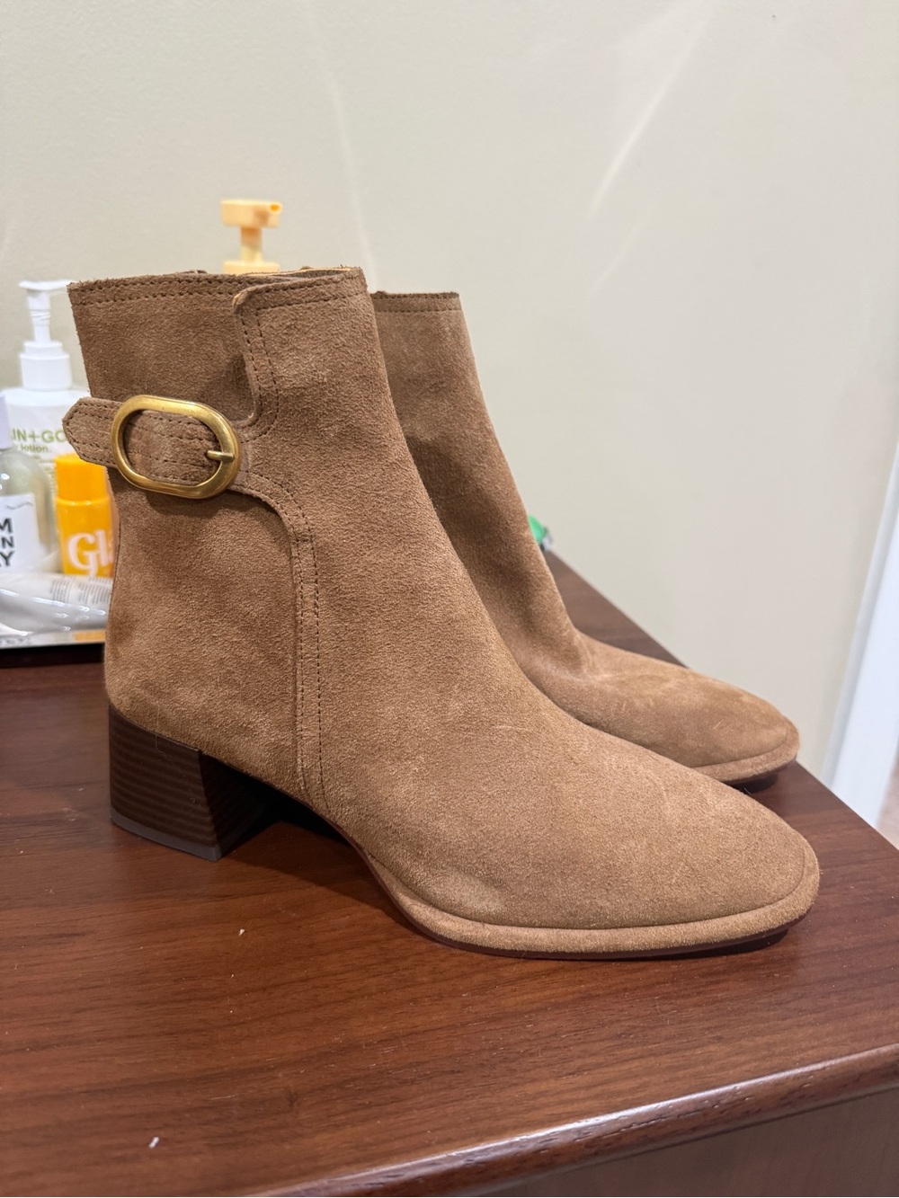 Zara Brown Suede Block Heel Ankle Boots with Gold Buckle